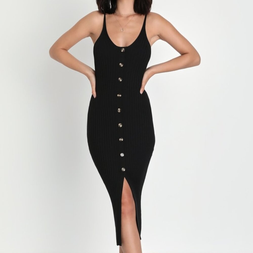 Lulus Confident Charisma Black Ribbed Button-front Midi Dress - Size S